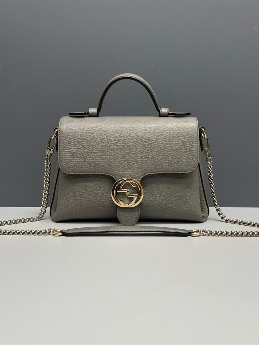 Gucci Grey Pebbled Leather Top-Handle Satchel with Gold GG Hardware
